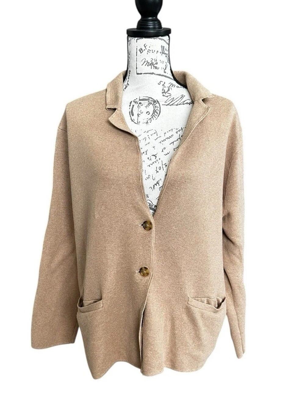 Lands End Women's Tan Knit Sweater Blazer Cardigan Jacket Cotton Preppy XL 18